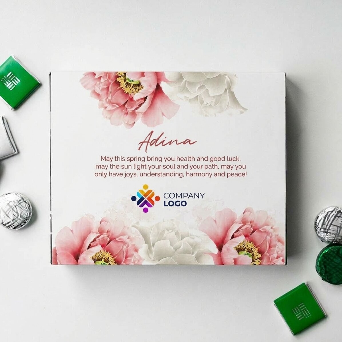 Personalisierte Pralinenschachtel mit Logo und Botschaft – „Schöner Frühling“