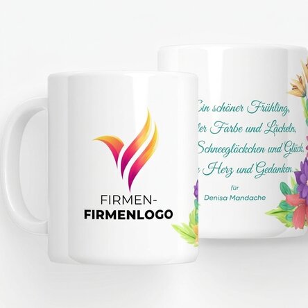 Personalisierter Becher mit Logo und Text – Frühlingsblumen