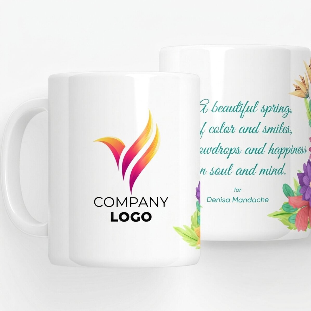 Personalisierter Becher mit Logo und Text – Frühlingsblumen