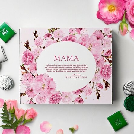 Personalisierte Pralinenschachtel mit einer Widmung für die Mutter