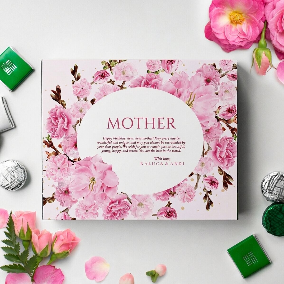 Personalisierte Pralinenschachtel mit einer Widmung für die Mutter