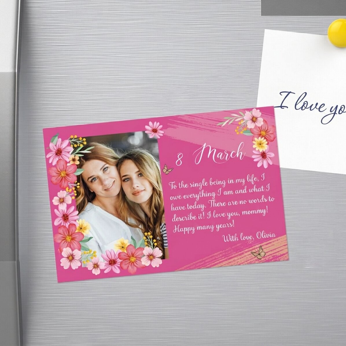 Individuell gestalteter Magnet (15 x 10 cm) mit Foto und Text – 8. März