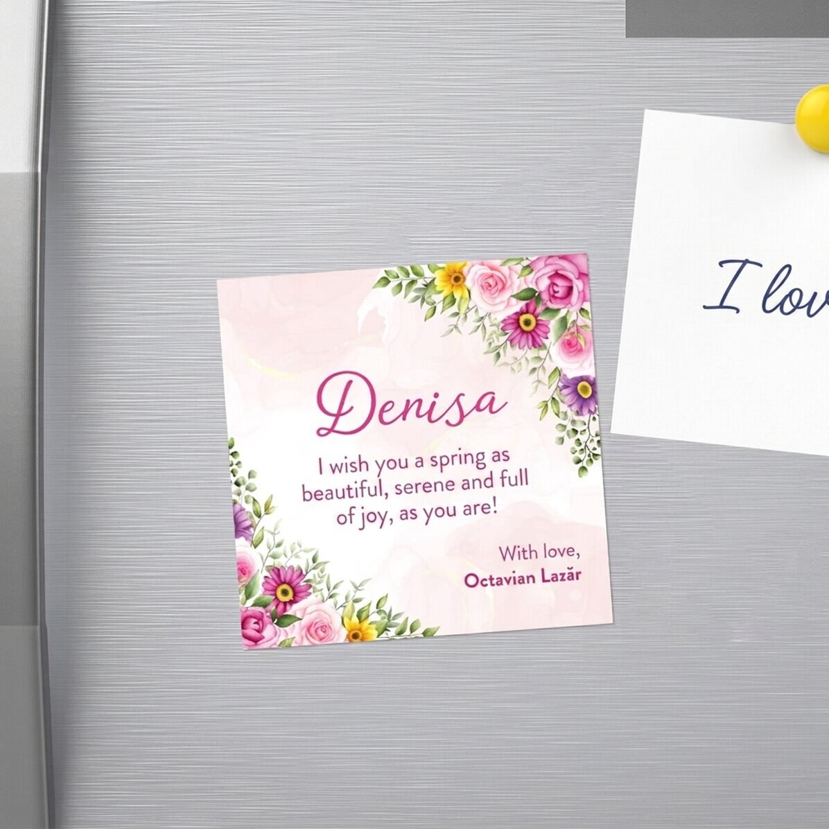 Individuell gestalteter Magnet 10x10 mit Text – Einen schönen Frühling!