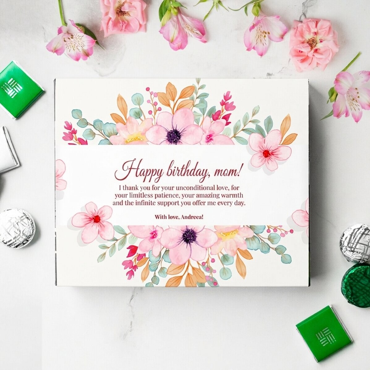Personalisierte Pralinenschachtel mit einer Botschaft für die Mutter – Alles Gute zum Geburtstag, Ma