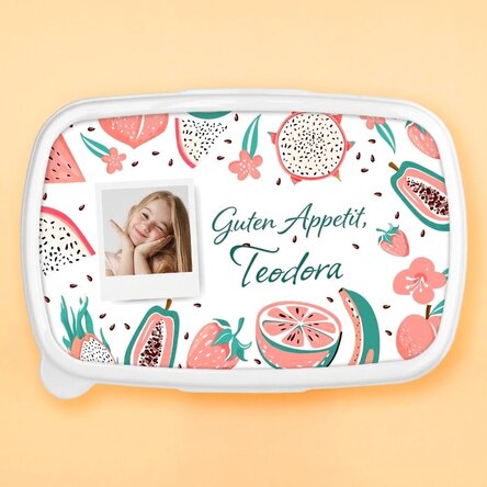 Lunchbox, personalisierte Auflaufform mit Foto und Botschaft – Obst