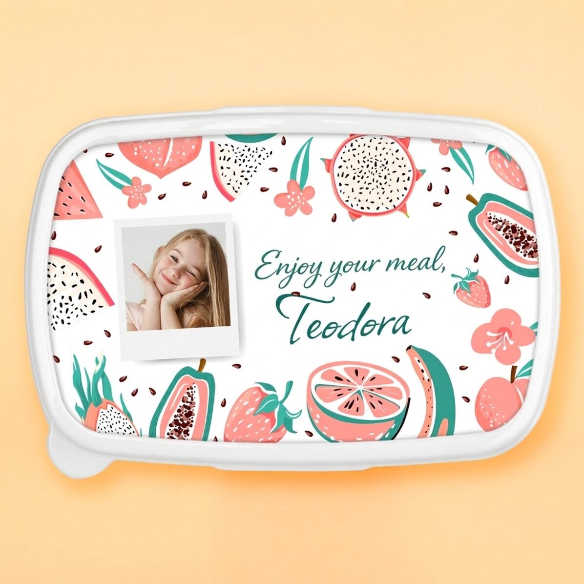 Lunchbox, personalisierte Auflaufform mit Foto und Botschaft – Obst