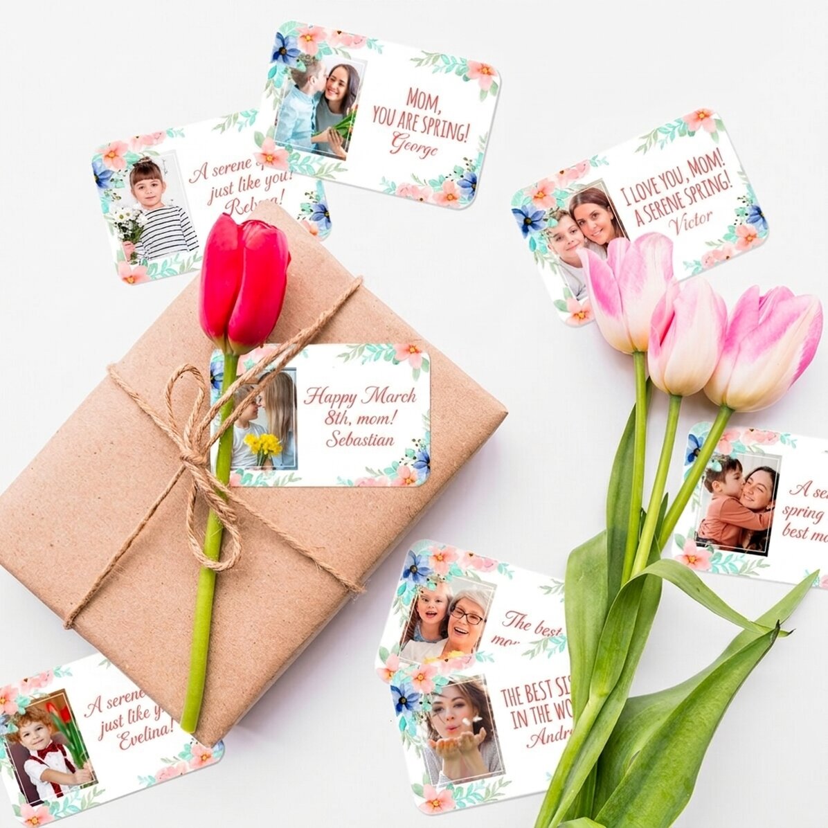 Set mit 8 individuell gestalteten Aufklebern (selbstklebende Etiketten) mit Fotos und einer Botschaf
