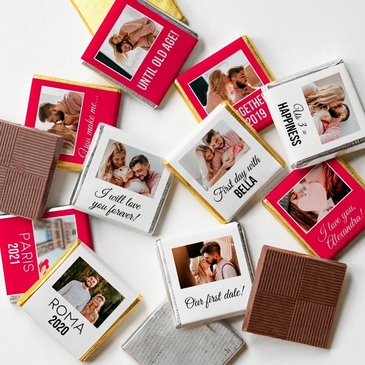 Set mit 10 personalisierten Mini-Pralinen mit Fotos und Text