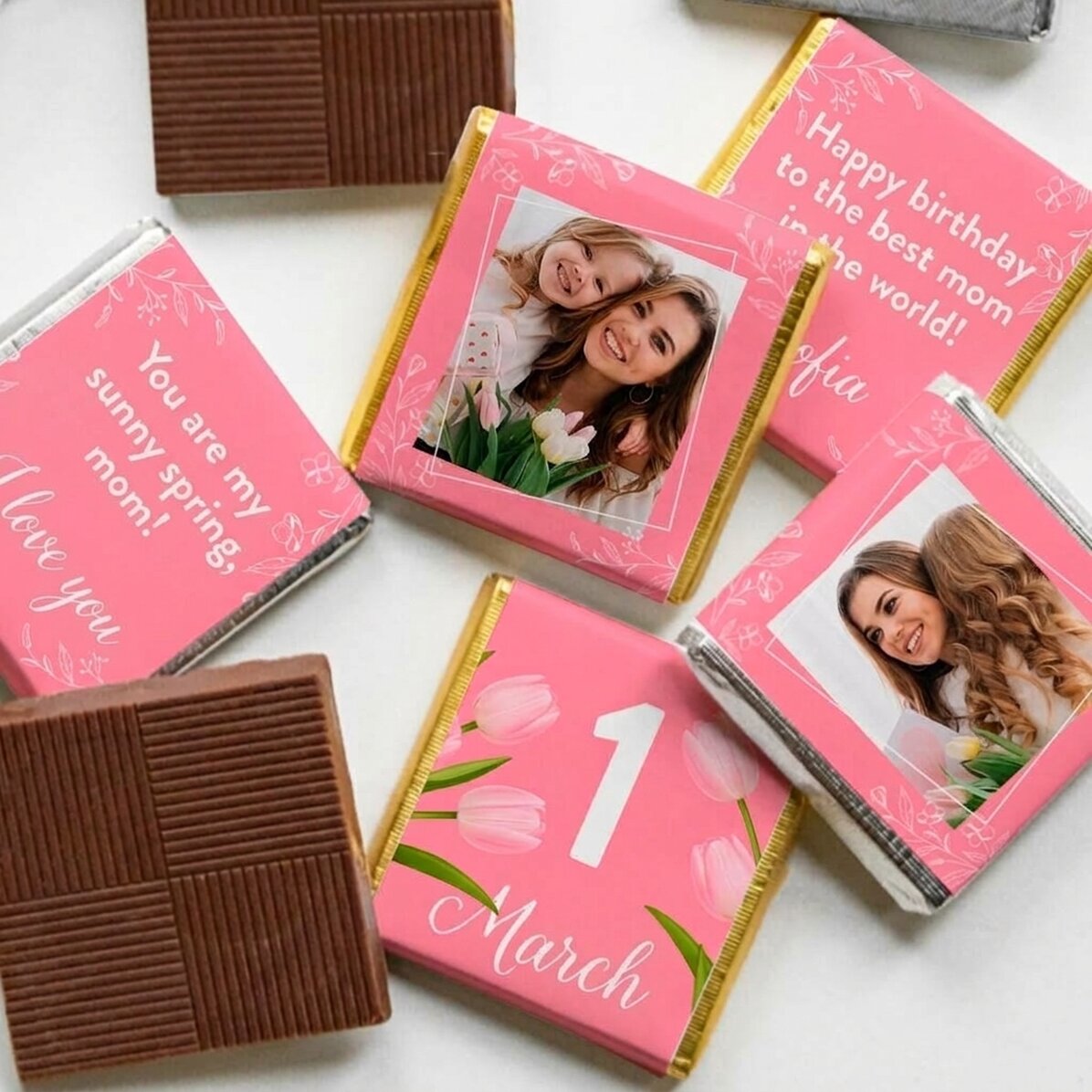 Set mit 5 personalisierten Mini-Pralinen mit Fotos und Text – Mama