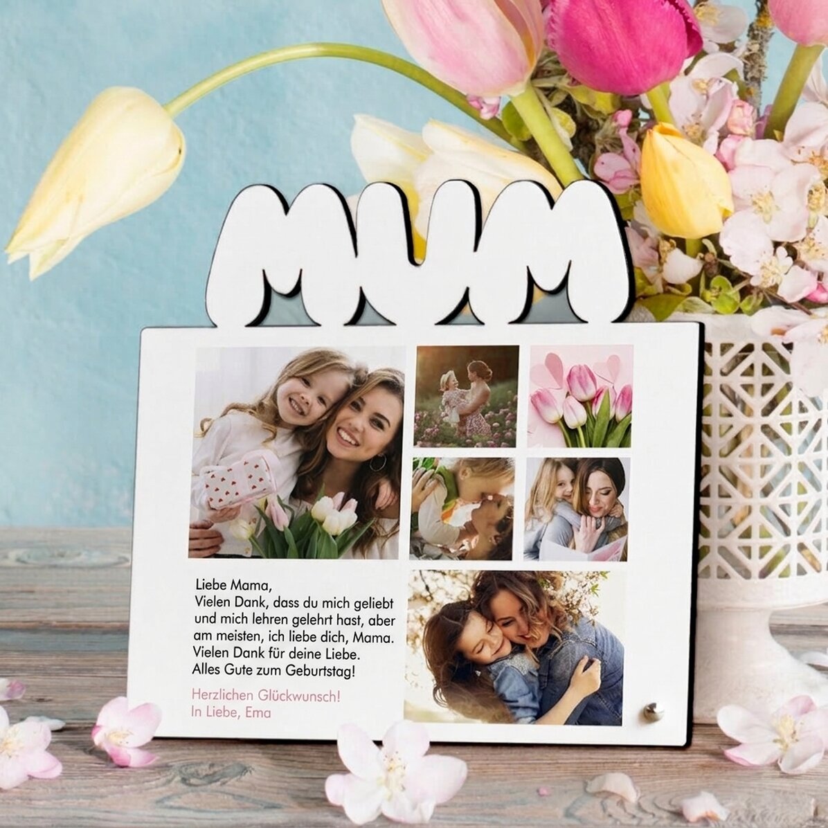 Personalisierter Fotorahmen für den Schreibtisch mit 6 Fotos und einer Botschaft für die Mutter – Mo