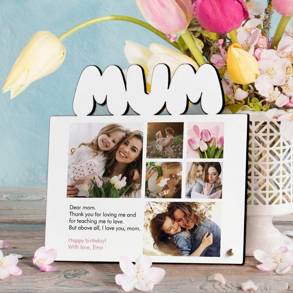 Personalisierter Fotorahmen für den Schreibtisch mit 6 Fotos und einer Botschaft für die Mutter – Mo