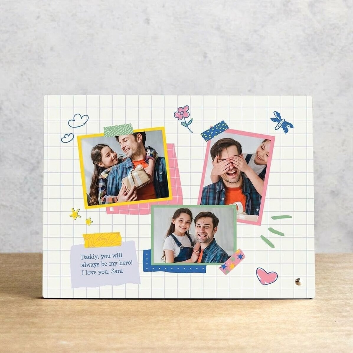 Personalisierter Fotorahmen für den Schreibtisch mit 3 Fotos und einer Botschaft – Papa, mein Held