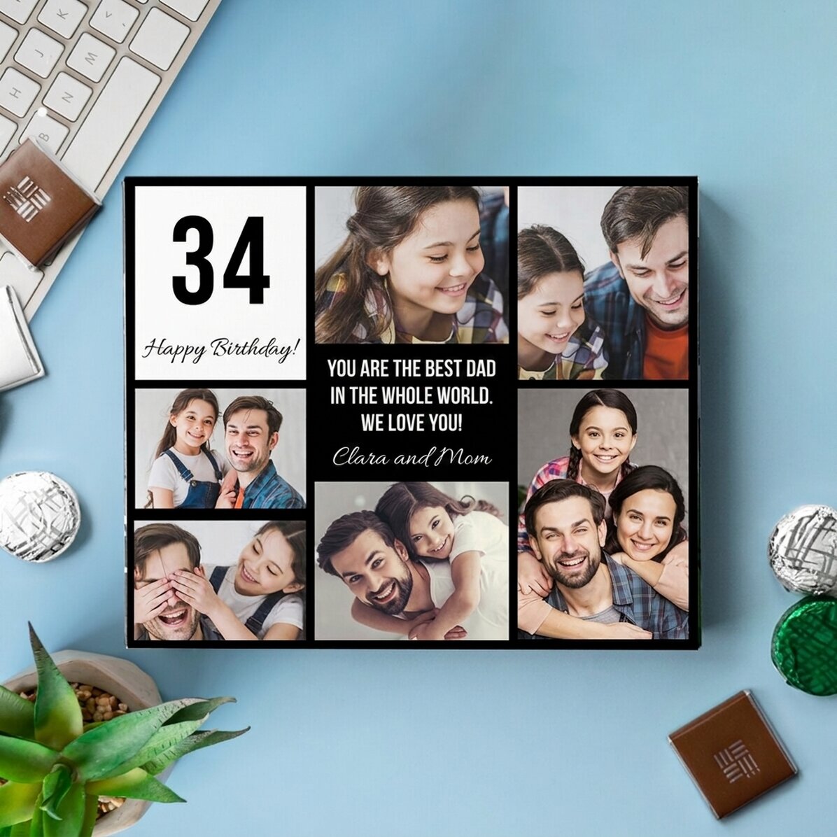 Personalisierte Pralinenschachtel mit 6 Fotos und einer Botschaft für Ihre Liebsten