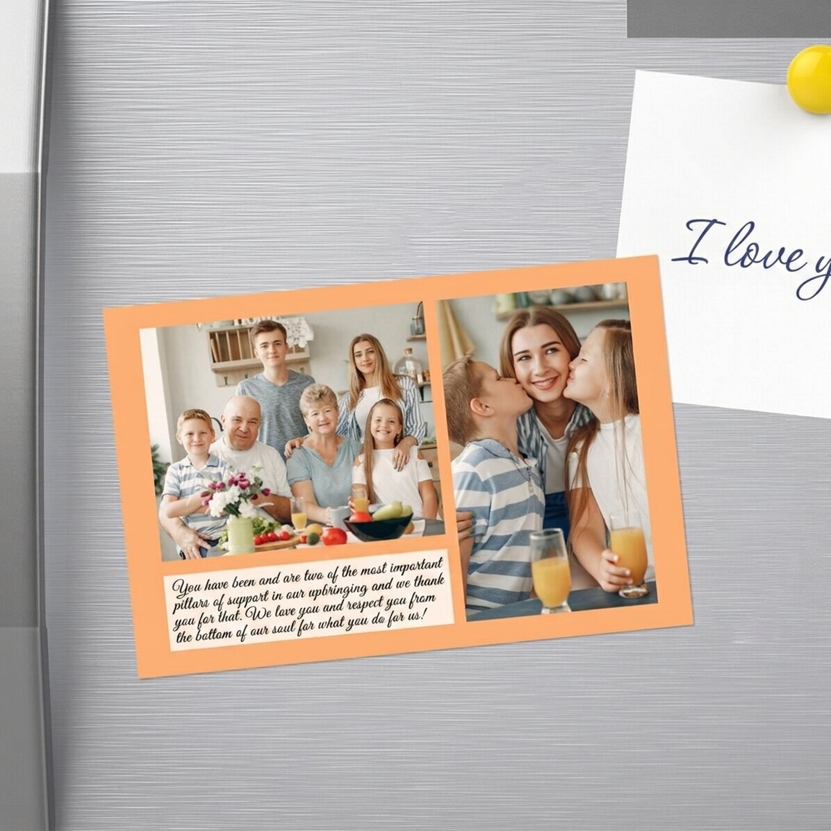 Individuell gestalteter Magnet (10 x 15 cm) mit Text und 2 Fotos – Vielen Dank!