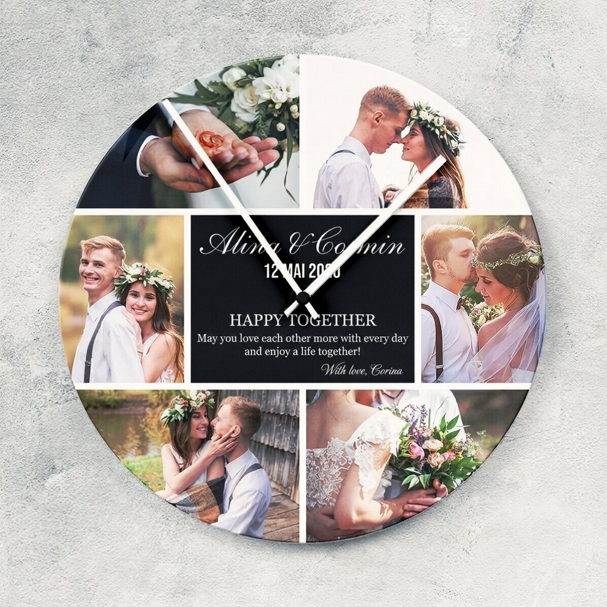 Personalisierte Uhr mit 6 Fotos und einer Botschaft – Momente