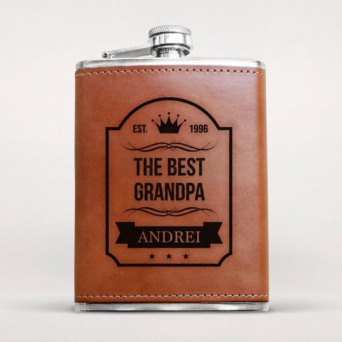 Personalisierte, mit Leder bezogene Taschenflasche mit Text – Die beste