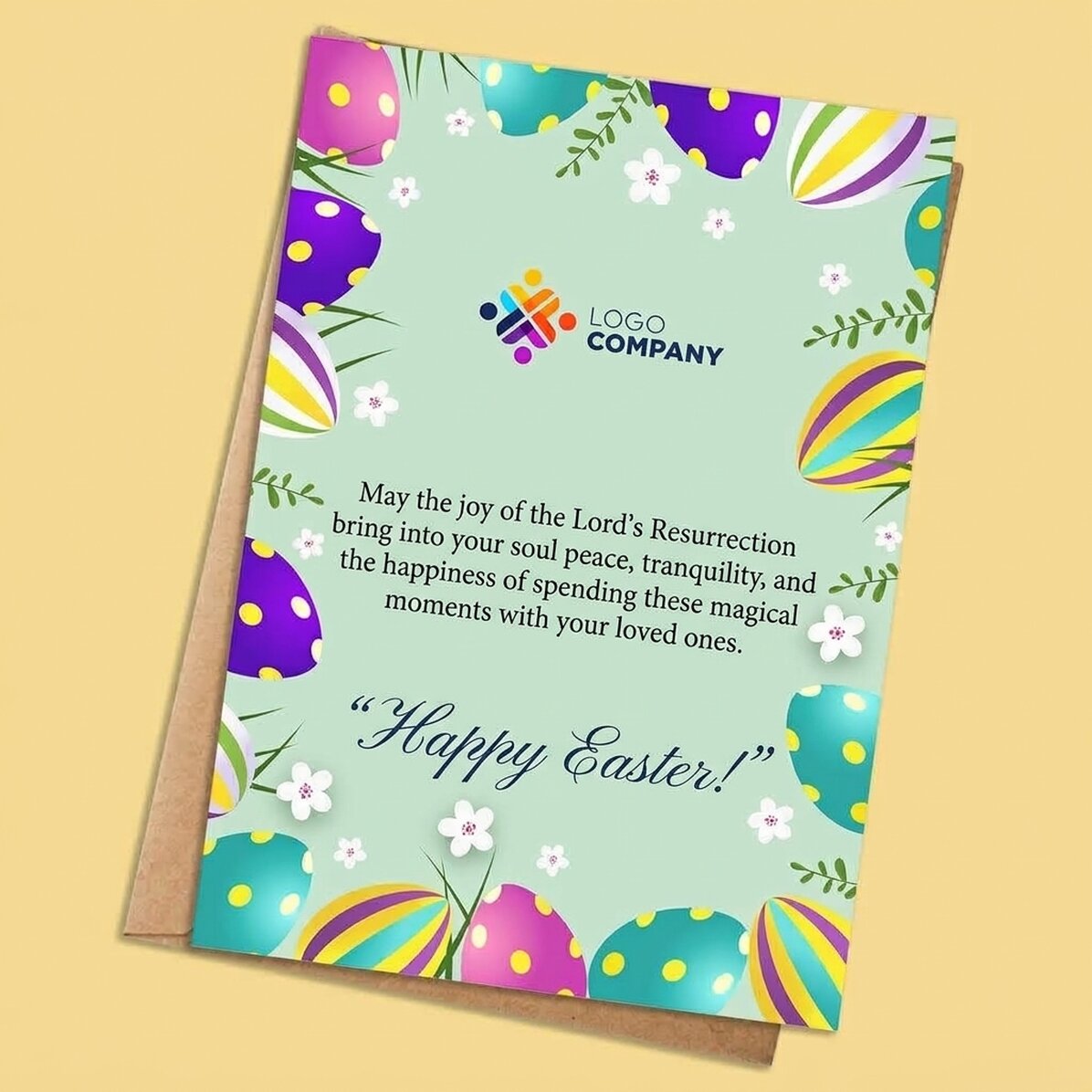 Individuell gestaltete Karte mit Text und Logo – Frohe Ostern