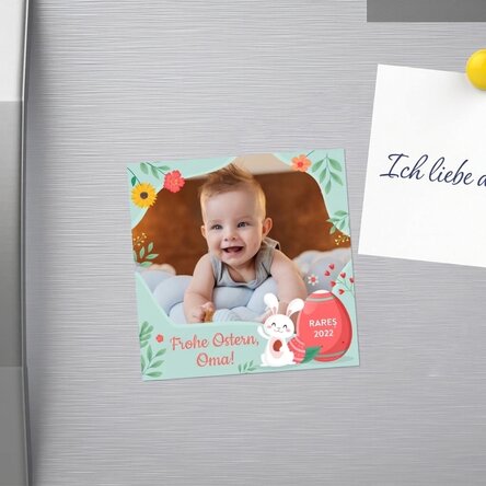 Individuell gestalteter Magnet (10 x 10) mit Foto und Text – Frohe Ostern