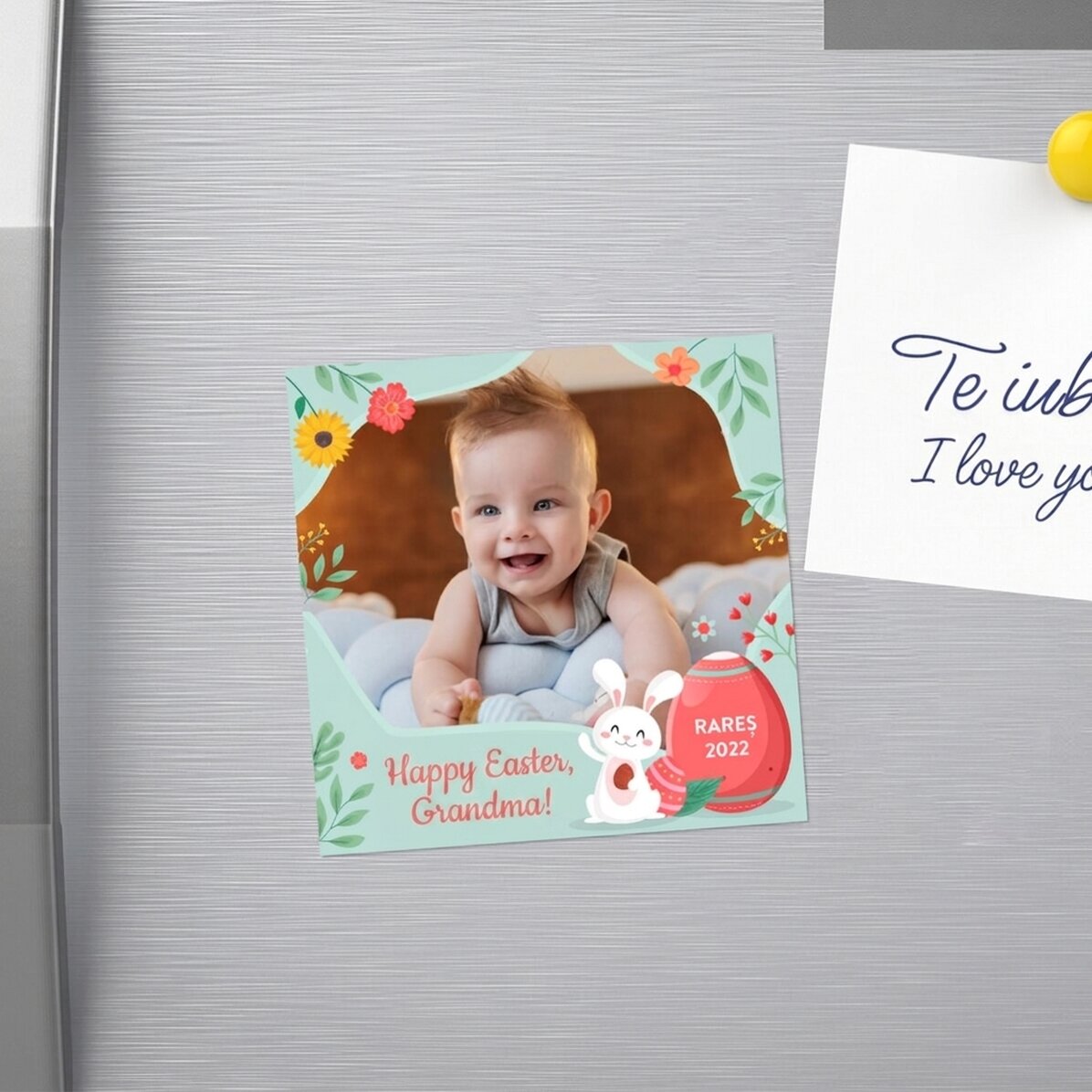 Individuell gestalteter Magnet (10 x 10) mit Foto und Text – Frohe Ostern