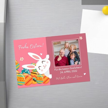 Individuell gestalteter Magnet (10 x 15 cm) mit Text und Foto – Osterhase