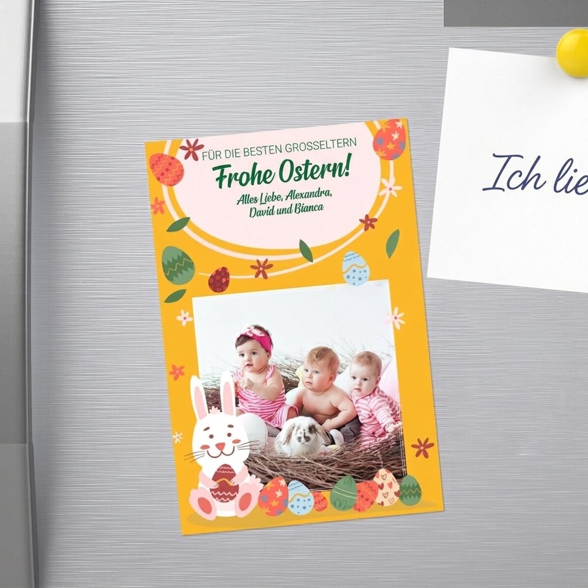 Individuell gestalteter Magnet (10 x 15 cm) mit Text und Foto – Frohe Ostern