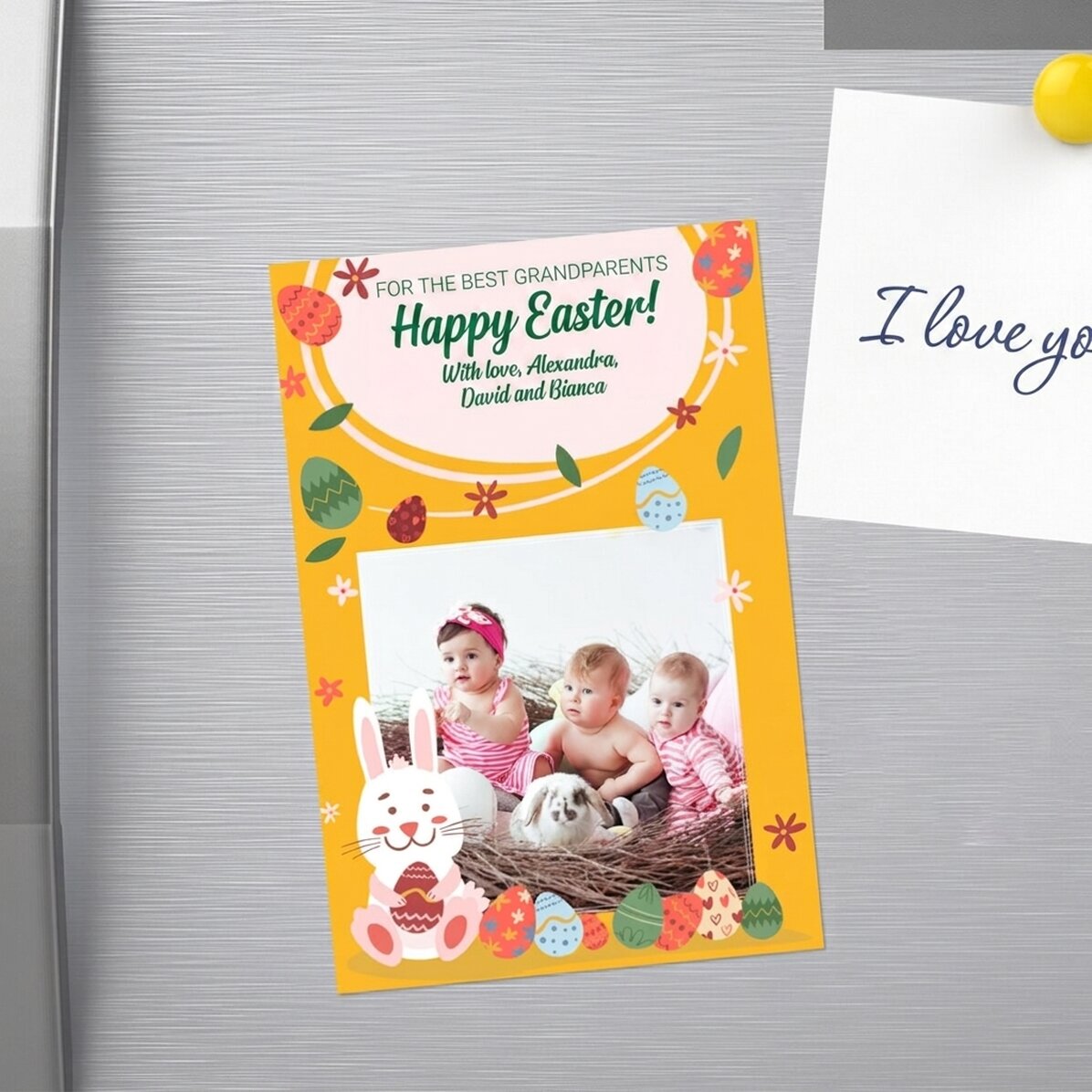 Individuell gestalteter Magnet (10 x 15 cm) mit Text und Foto – Frohe Ostern