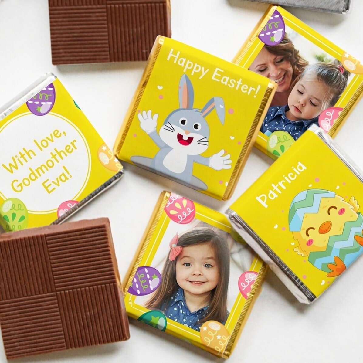 Set mit 5 personalisierten Mini-Pralinen mit Fotos und Text – Ostern