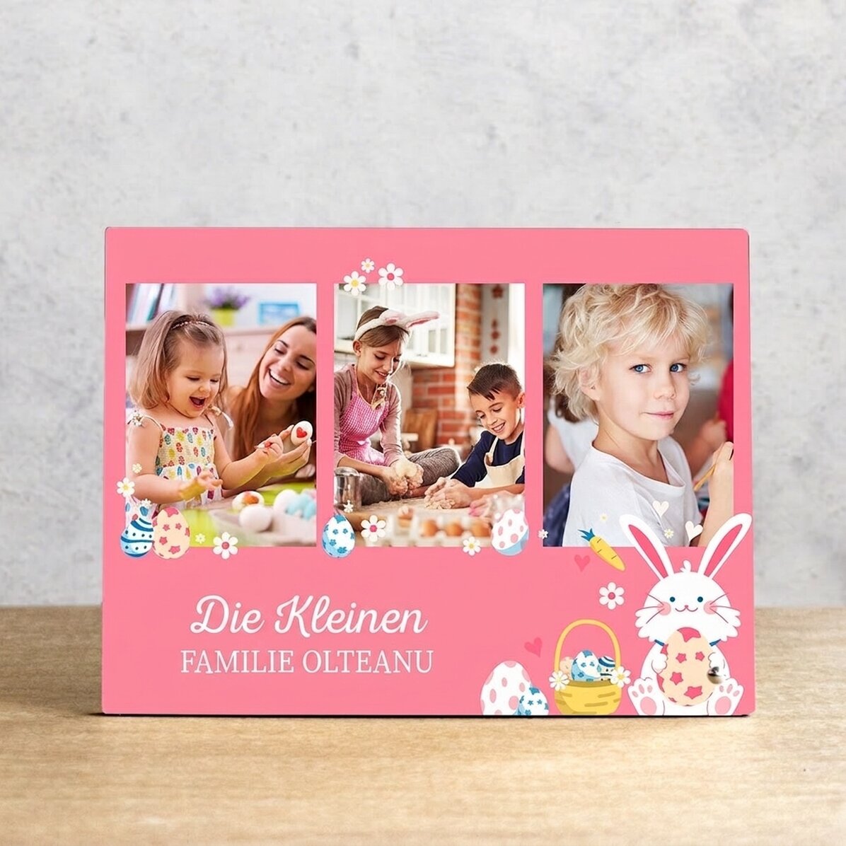 Personalisierter Fotorahmen für den Schreibtisch mit 3 Fotos und Text für Kinder – Bunny