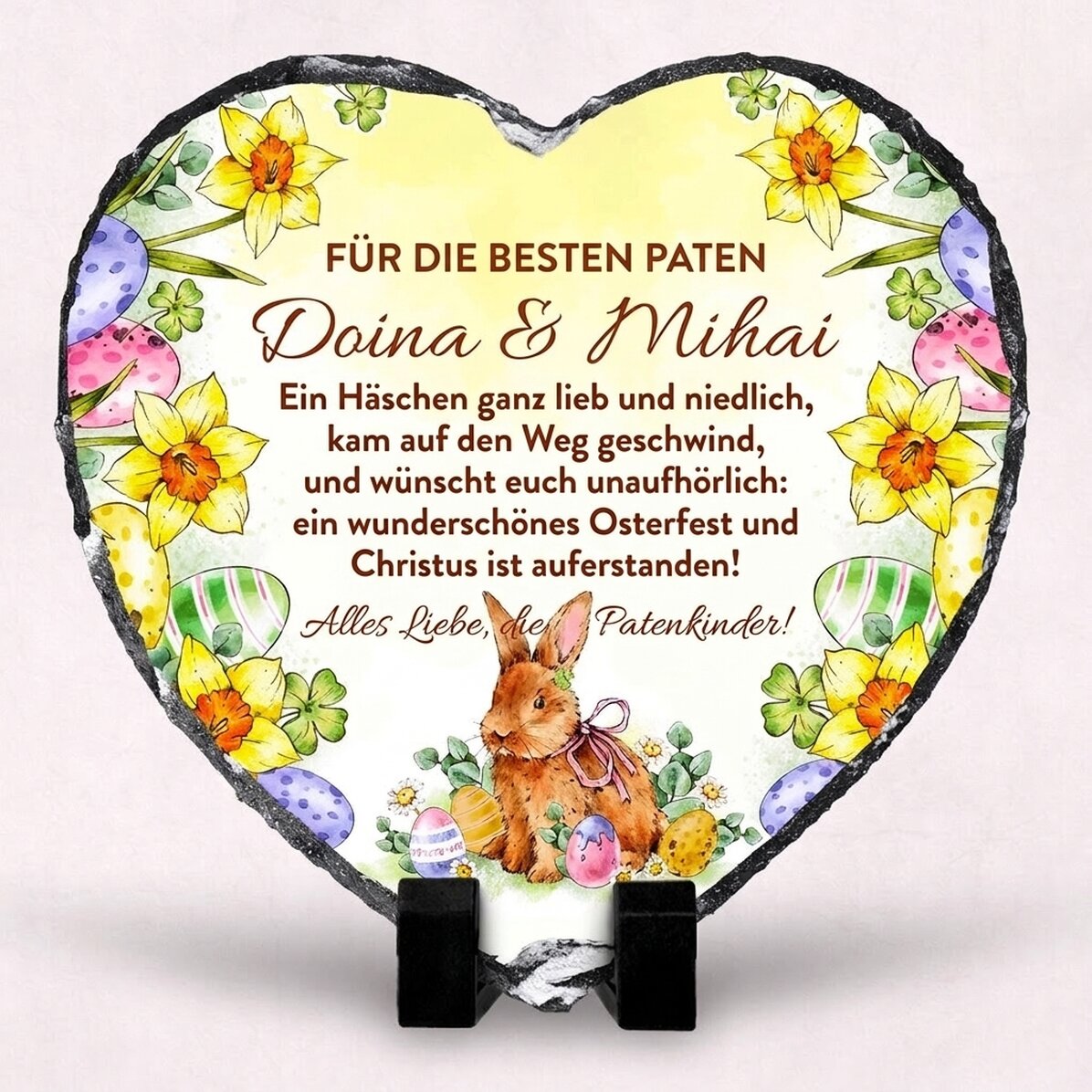 Individuell gestaltete Schiefertafel in Herzform mit Botschaft und Foto für die Paten – Frohe Ostern