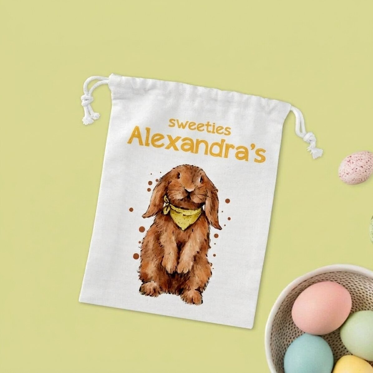 Kleiner Geschenksack mit individueller Beschriftung – Hase mit Süßigkeiten