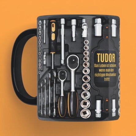 Personalisierte schwarze Tasse mit Aufdruck für Mechaniker