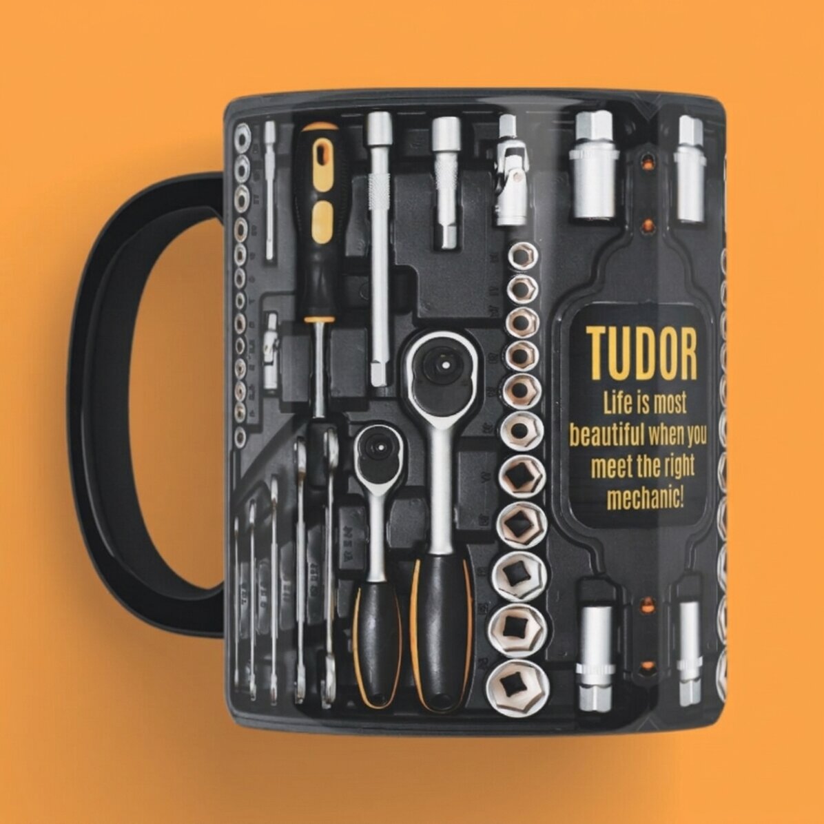 Personalisierte schwarze Tasse mit Aufdruck für Mechaniker