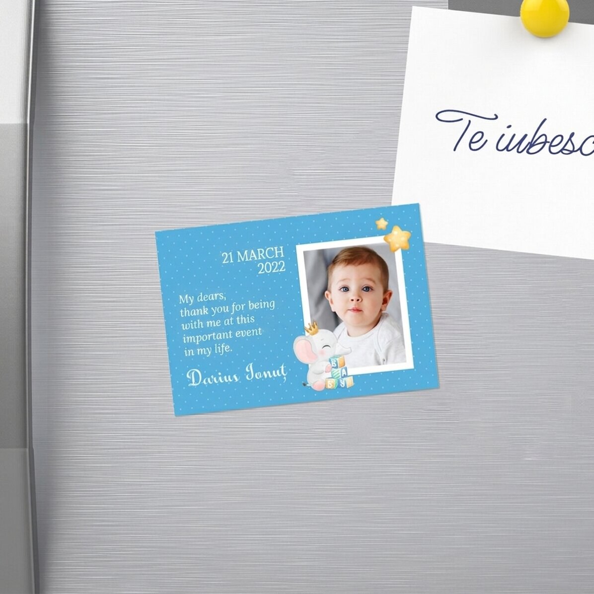 Individuell gestalteter Magnet (10 x 7 cm) mit Foto und Text – Taufurkunde