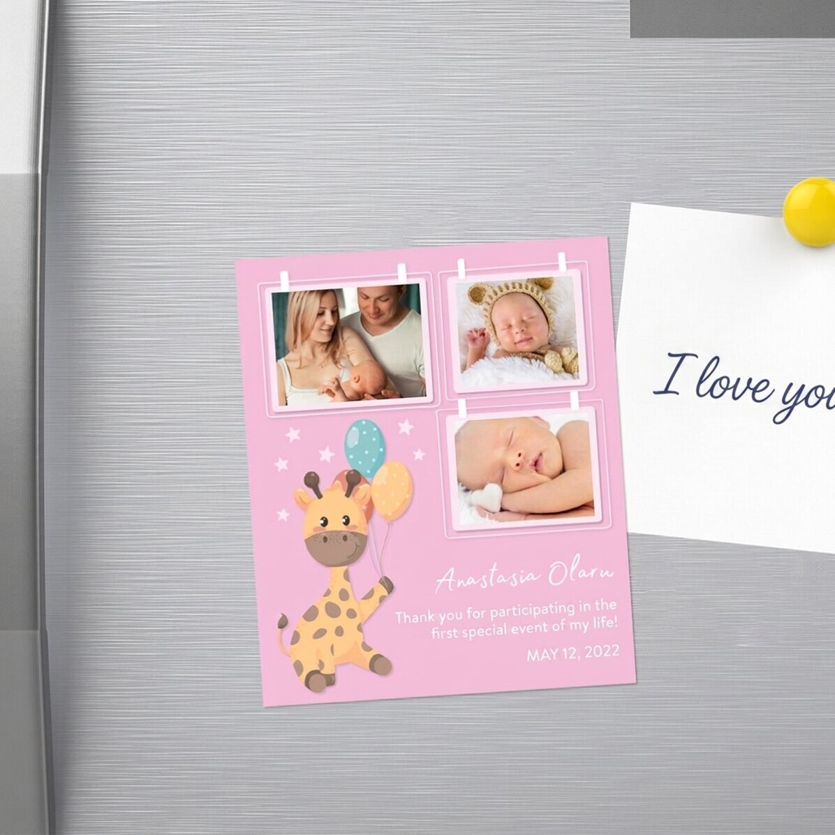 Individuell gestalteter Magnet, 10 x 12 cm, mit 3 Fotos und Text – Baby