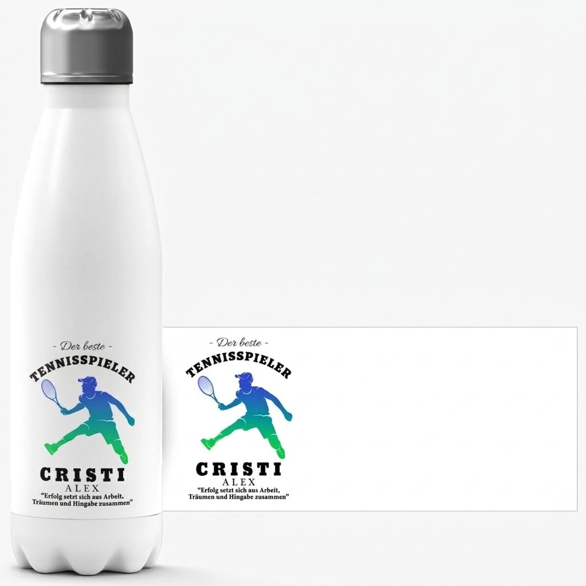 Thermosflasche mit weißem Boden, individuell mit Namen und Text bedruckt – Tennisspieler