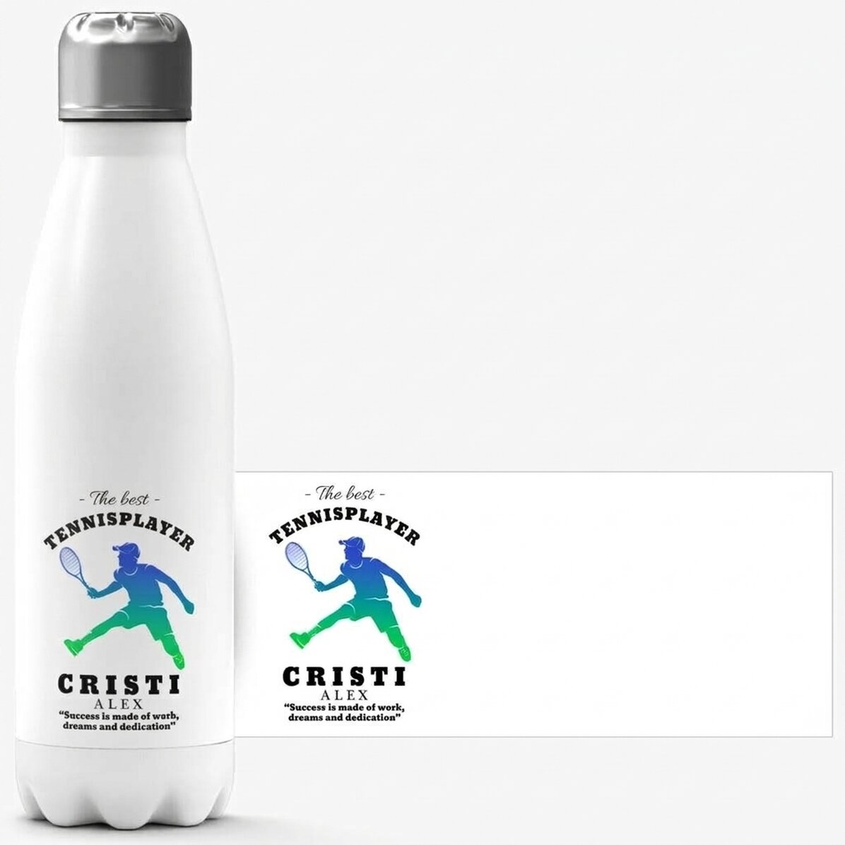 Thermosflasche mit weißem Boden, individuell mit Namen und Text bedruckt – Tennisspieler