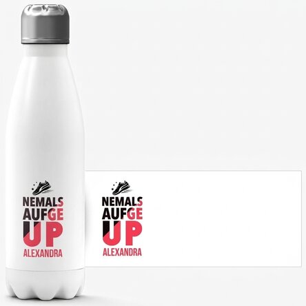 Thermoskanne mit weißem Boden, individuell mit Namen bedruckt – Never give up