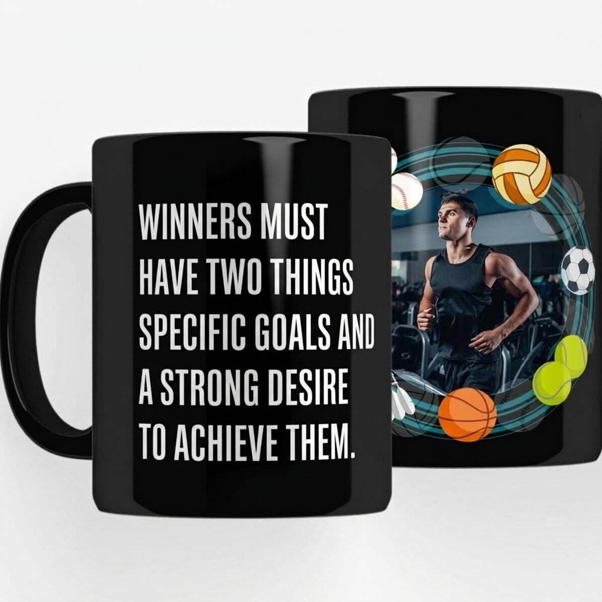 Personalisierte schwarze Tasse mit Aufdruck für Sportler