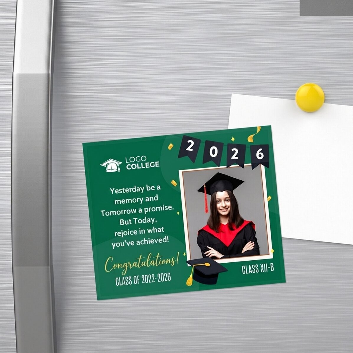 Individuell gestalteter Magnet (12 x 10 cm) mit Logo, Foto und Text – Herzlichen Glückwunsch zum Abs