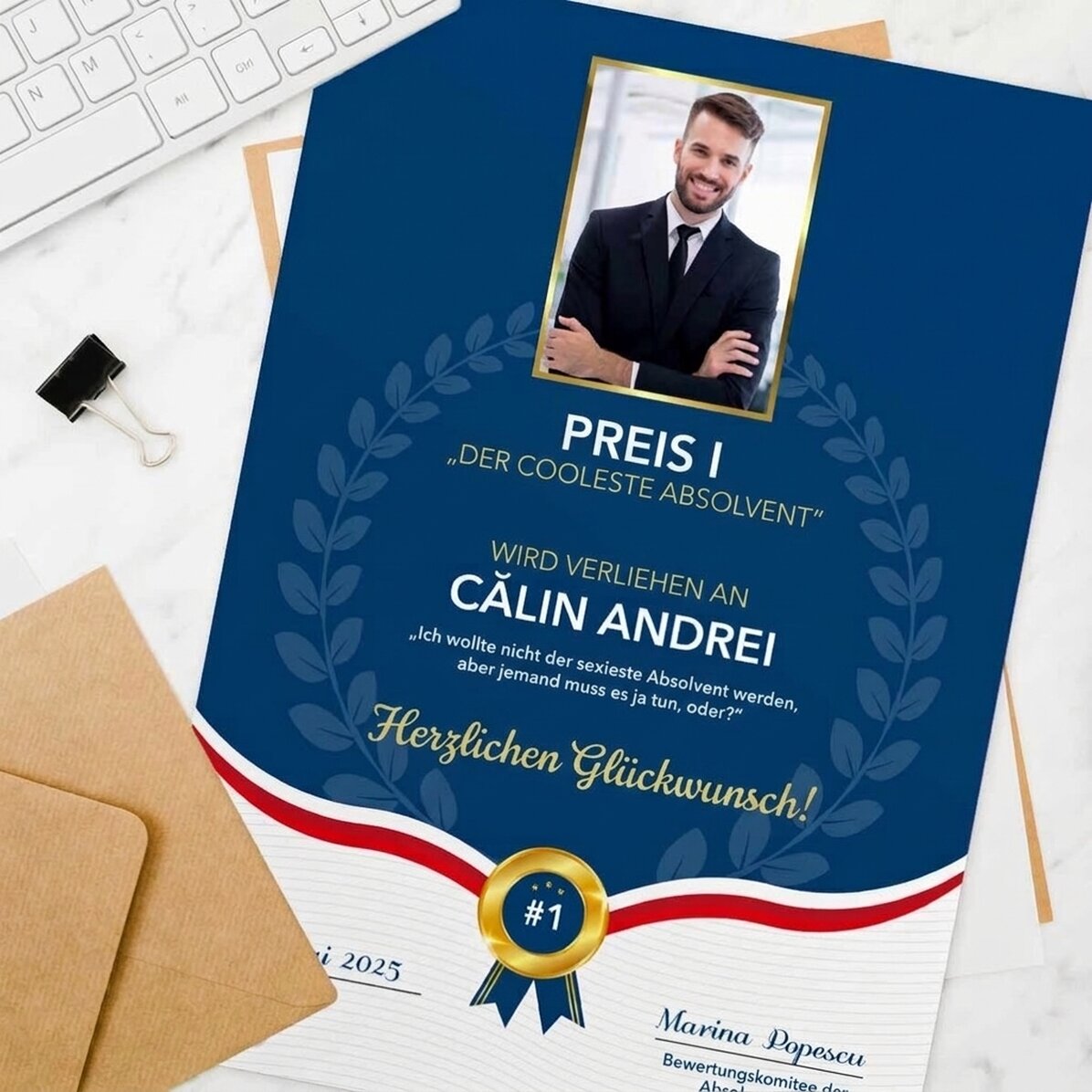 Individuell gestaltetes Diplom mit Foto und Text – Bester Absolvent