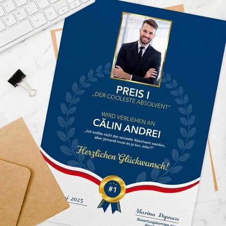 Individuell gestaltetes Diplom mit Foto und Text – Bester Absolvent
