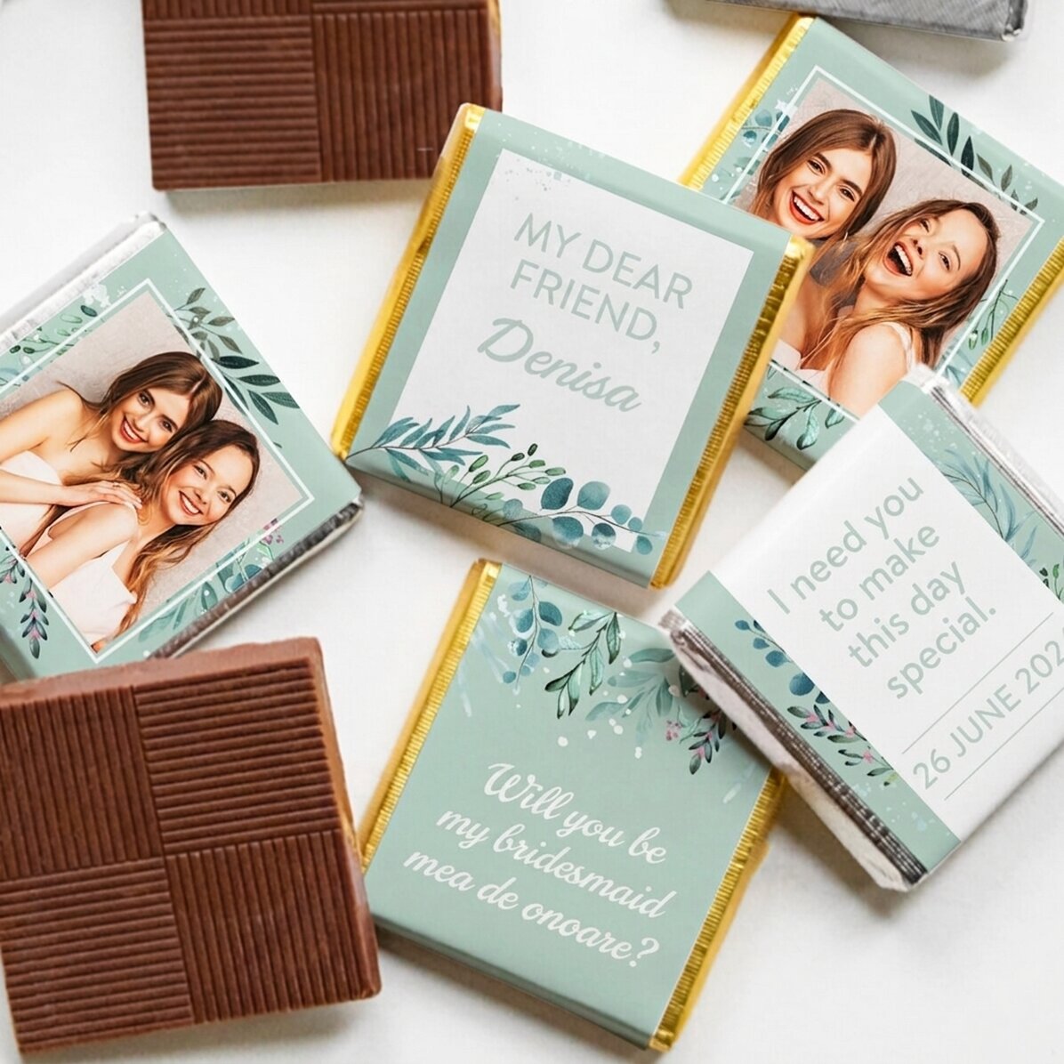 Set mit 5 personalisierten Mini-Pralinen mit Fotos und Text für die Brautjungfern