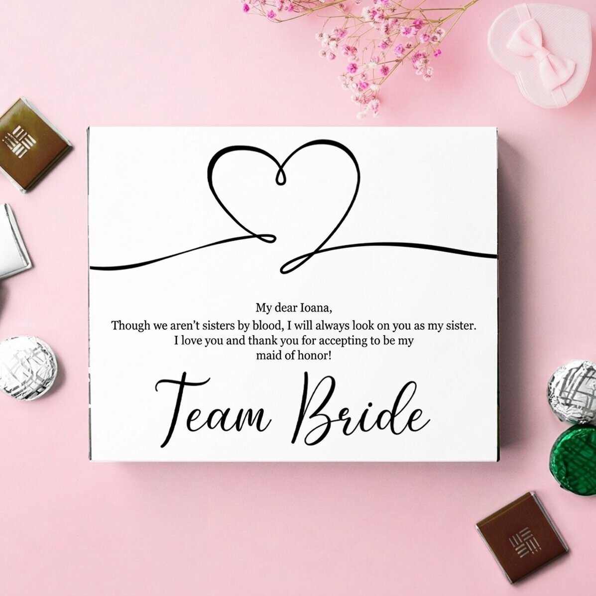 Personalisierte Pralinenschachtel mit Botschaft – Team Bride