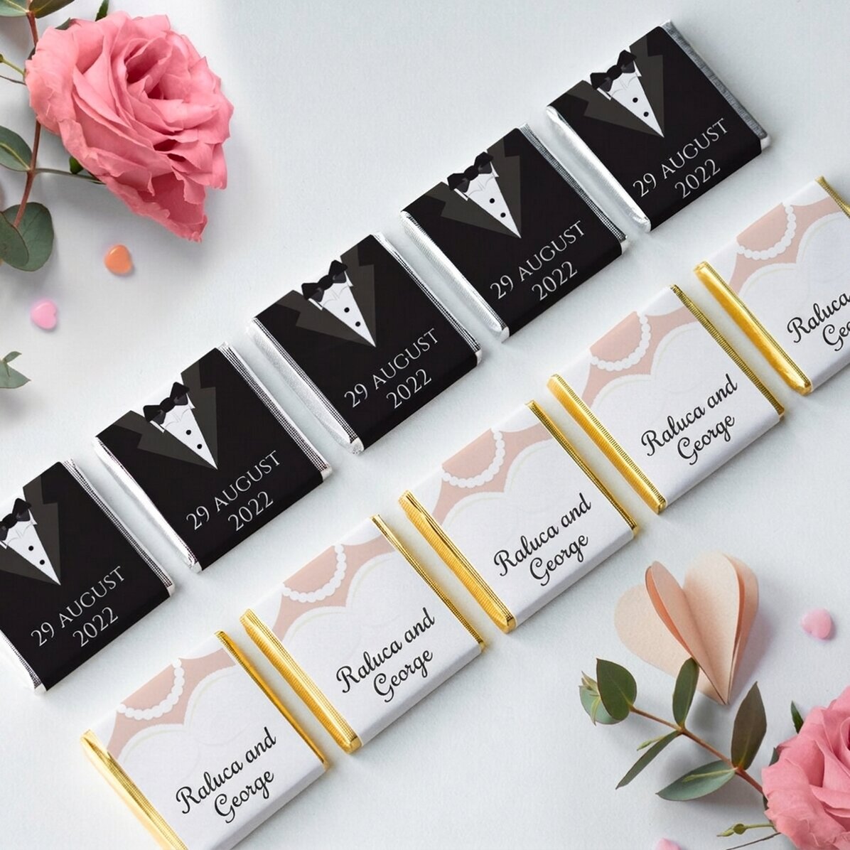 Set mit 10 personalisierten Mini-Pralinen mit Schriftzug – Mr and Mrs