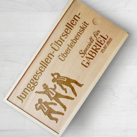 Personalisierte Geschenkbox aus Holz mit Botschaft – Überlebensset für den Junggesellenabschied