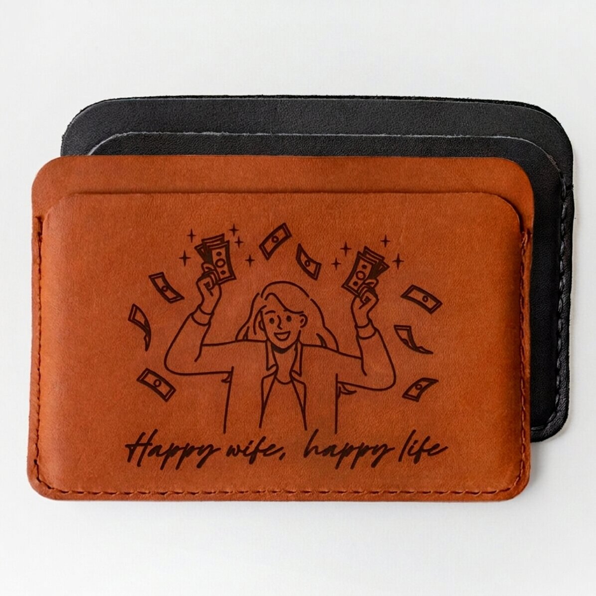Personalisierte Lederbrieftasche mit der Aufschrift „Happy wife, Happy life“