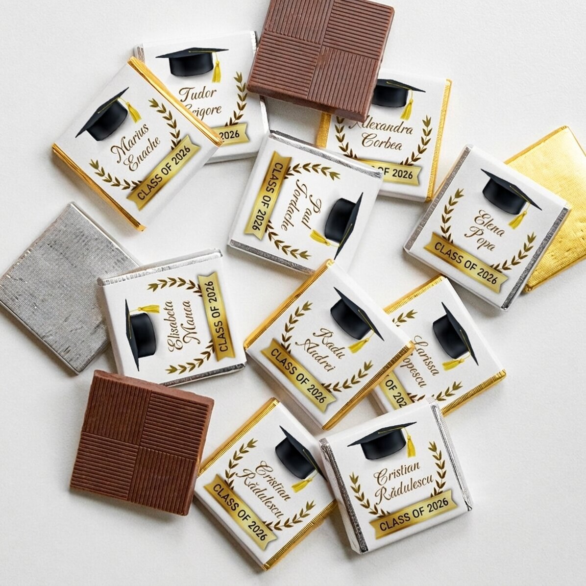 Set mit 10 personalisierten Mini-Pralinen mit Text für Absolventen
