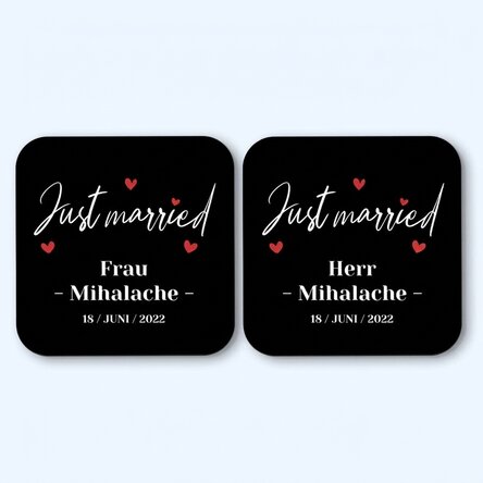 Set mit 2 personalisierten Untersetzern mit der Aufschrift „Just Married“