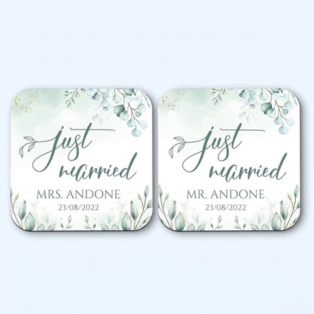 Set mit 2 personalisierten Untersetzern mit Schriftzug – Just Married Elegance