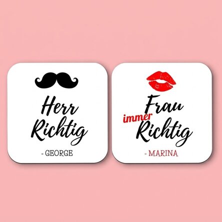 Set mit 2 personalisierten Untersetzern mit Text – Mr and Mrs Right